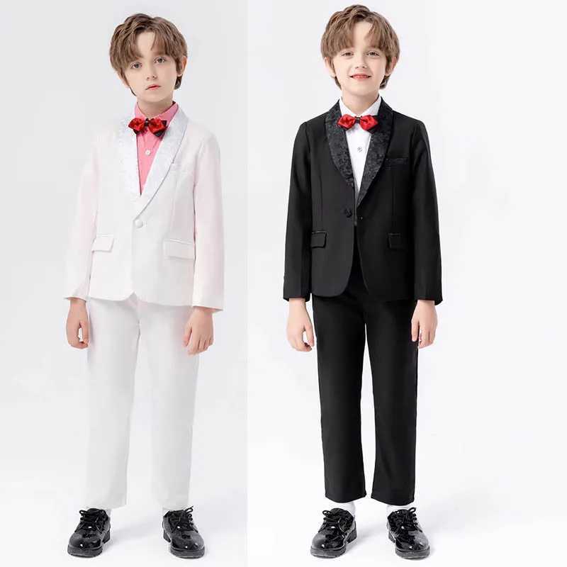 Garnitury Dzieci Eleganckie białe kurtki Bowtie 3PCS Suit Boys Sukienka ślubna Dzieci Tuxedo Dress Birthday Costume Prom Y240516