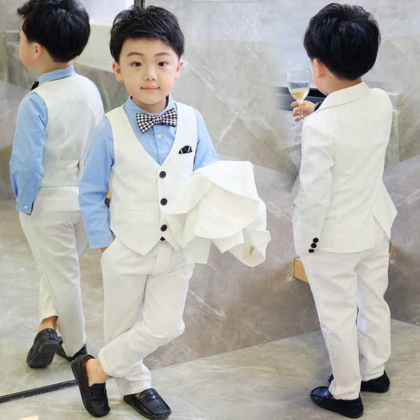 Trajes para niños, traje de vestir blanco Formal, conjunto de flores para niños, fiesta de boda, traje de actuación para niños, chaqueta, chaleco, pantalones, camisa, corbata, ropaHKD230704