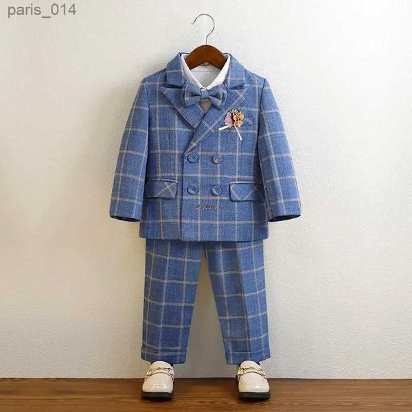 Costumes Enfants Plaid bleu Costume de mariage bébé 1 an robe d'anniversaire Prince enfants veste pantalon photographie Costume fleur garçons smoking Costume