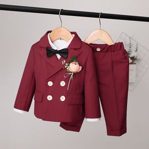 Trajes para niños Traje formal de color borgoña Conjunto Otoño Invierno Niños británicos Chaqueta Pantalones Chaleco Traje Niños Bebé s Primer vestido de fiesta de cumpleaños 221205