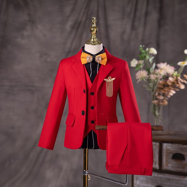 Trajes Niños s Red Fomral Dress Suit Set Boy Girls Pasarela Wedding Hosting Piano Performance Costume Kids Blazer Pantalones Ropa 230711