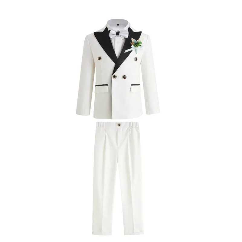 スーツの子供ホワイトバプテスマジャケットパンツボウタイフラワー4pcs写真スーツフラワーボーイズセレモニーコスチュームキッズバースデーウェディングドレス
