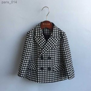 Pakken Childrens Houndstooth Formeel pak Set Boys Bruiloft Verjaardagsfeest Performance Kostuum Kinderen Dubbele borsten Blazer broek Kleding