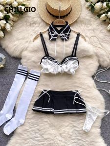 CHILLGIO Vrouwen Sexy JK Uniform Rok Past Japan Stijl Vintage Cosplay Kostuum Pyjama Outfits Erotische Mode Geplooide Rokken Set