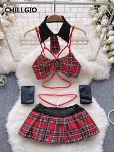 Costumes CHILLGIO femmes Sexy Plaid jupe plissée costumes angleterre Style Preppy Cosplay Costume uniforme Hotsweet tenues ensemble de pyjamas érotiques