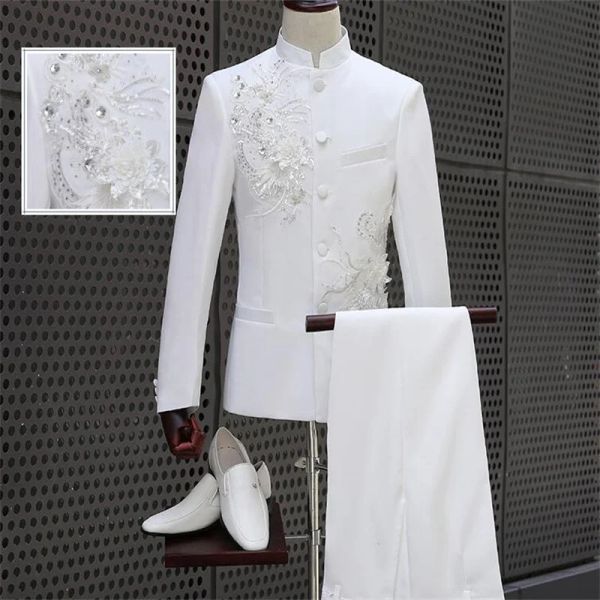 Costumes Costume tunique chinoise costumes de mariage pour hommes pour hommes blazer garçons costumes de mariage de bal mode masculino derniers modèles de pantalon de manteau blanc