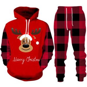 Costumes Noël Elk 3D imprimé sweat à capuche/ensemble hommes femmes nouvel an hauts + pantalons tenues noël Couple famille drôle Streetwear ensemble de vêtements