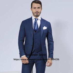 Pakken Klassiek Blauw Slim Fit Heren Pakken Bruidegom Bruiloft Piekte Revers Smoking 3 Delig Jasje Vest Broek Set Formeel Zakelijk Kostuum Homme