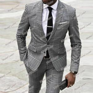 Suits Classic Gray Plaid Check Wedding Suits For Men Single Brasted Jacket met broek bruidegom Tuxedos 2 stuks formele zakelijke blazer