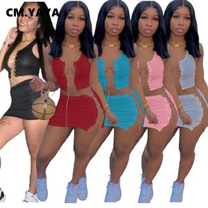 CM.YAYA Solid Vrouwen Twee 2 Delige Outfits Set Chain Lace Up Crop Tops en Midi Mini Rokken Sexy Club Night party Bijpassende Set