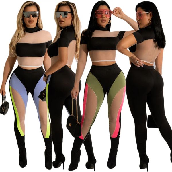 Trajes Color Block Sheer Mesh Chándal Mujeres Sexy See Through Patchwork Manga corta Crop Top + Leggings Club Conjunto de dos piezas Trajes