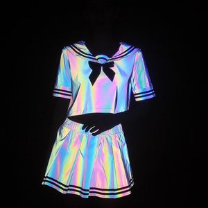 Trajes coloridos reflectantes, camisa Sexy para mujer, Falda plisada, conjunto de dos piezas, blusa Kawaii, Faldas, uniforme escolar reflectante, traje de marinero