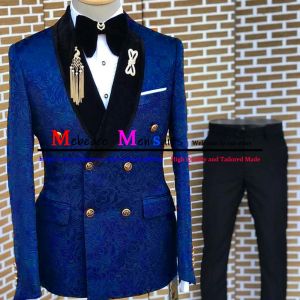 Pakken kostuum Homme Mariage 2023 Royal Blue Jacquard bruidegom trouwpak slank pak voor mannen 3 pc's blazer vest pant bruiloft pakken voor mannen