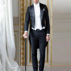 Trajes Traje Homme Mariage Italiano Negro Tailcoat Chaqueta larga Fiesta de la mañana Trajes de hombre Pantalones Terno Masculino Novio Esmoquin 3 piezas