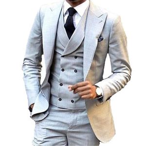 Pakken Kostuum Homme Sliver Grey Heren Pakken Double Breasted Vest Slim Fit Tuxedos Wedding Suits voor Mannen (Blazer + Vest + Broek) Ropa Hombre