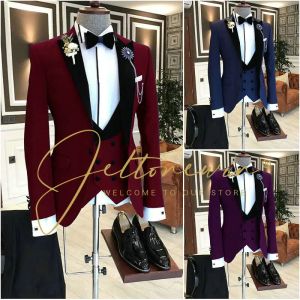 Costumes costumes de revers en velours noir bordeaux sur mesure pour hommes de marié smooto 3 pièces combinaison de mariage