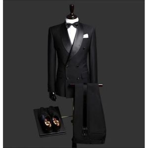 Pakken Custom Made Slim Fit Zwart 2 Stuk Heren Blazer Double Breasted Pak Mannen Wedding Suits Bruidegom Tuxedos Voor mannen (Jas + Broek + Stropdas)