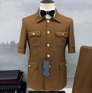 Pakken Custom Spring Summer 7PointSleeve Brown Wedding Suits voor mannen Half Mouw Slim Fit Bruidegom Casual Party Chinese stijl Man Blazer