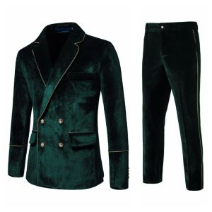 Pakken Donkergroen Mannen Tuxedo Fluwelen Pakken 2 Stuks Voor Party Stage Performance Gouden Trim Bruiloft Prom Banket Heren Set jas Jurk Blazer