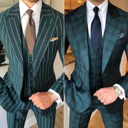 Costumes Green Dark Green Striped / Check Suit Men's Tuxedo Men's Full Wedding Slim Fit 3 Piece Custom Gentleman Mercel Formal Costumes for Business