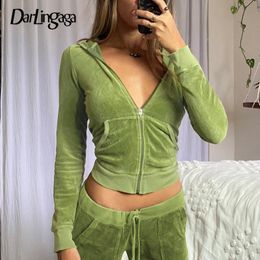 Pakken Darlingaga Vintage Fashion Green Velor Herfst Tracksuit Women Zip Up Hoodie en Pants Pakken Tweedeksels Set workout Solid outfits
