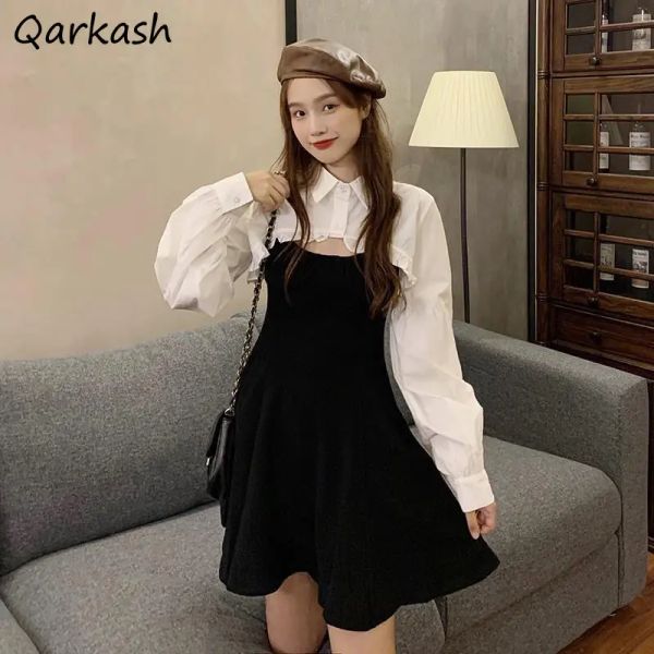 Costumes Robe Ensembles Femmes Été À Manches Longues Couleur Pure Mini Ulzzang Crop Top Design Mode Dames Slim Offre Spéciale Rétro Fête Ins Nouvellement