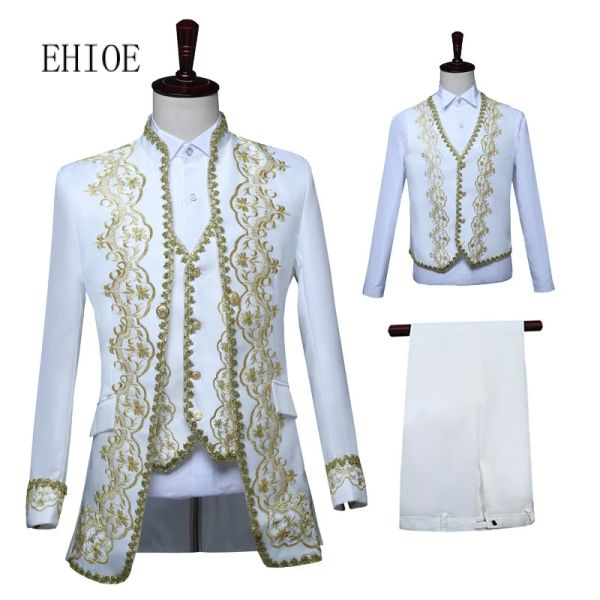 Trajes Ehioe Traje de 3 Piezas para Hombre Chaqueta Bordada Medieval Chaleco Pantalones Traje de Boda para Hombre de la Corte Real Trajes de Vestir de Corte Retro Europeos