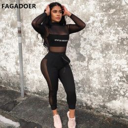 Costumes FAGADOER Sexy maille transparente deux pièces ensemble femmes à manches longues haut et pantalon moulant tenues automne Nigthclub fête 2 pièces costume assorti