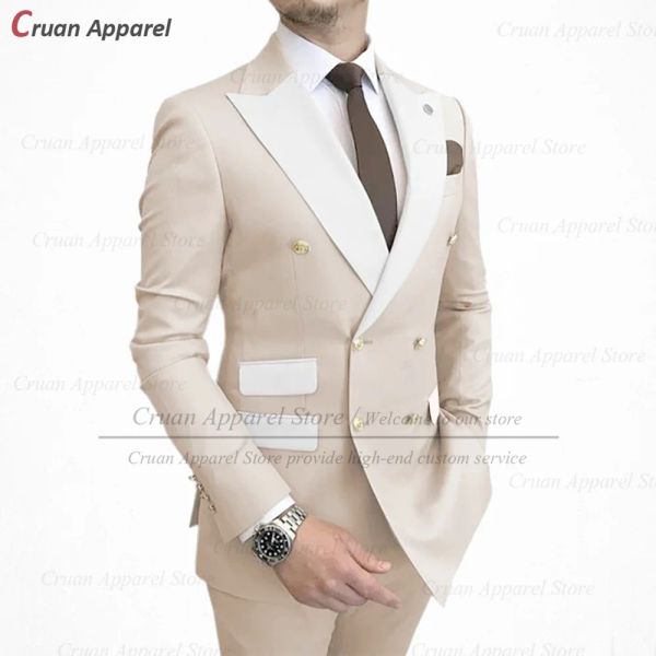 Trajes Trajes beige de moda para hombre, 2 piezas, hecho a medida, padrino de boda, esmoquin de graduación para novio, conjunto de pantalones de chaqueta cruzada formal 2023