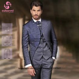 Trajes de moda High Collar Floral Tuxedos trajes para hombres Fit Slim Jacquard 3 piezas Pantalones Juego de bodas Blazer Blazer Blazer