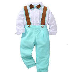 Pakken Fashion Kids Boys Gentleman Deset Set lange mouw stropdas shirtsuspender broek casual outfit boy suit 230526