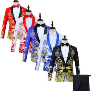 Costumes Mode hommes affaires broderie costume 2 pièces noir/rouge/bleu classique hommes mariage danse robe de soirée Blazer veste et pantalon