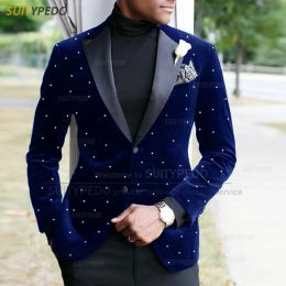 Costumes mode marine bleu velours hommes costumes set en soirée fête luxe perles brillantes blazer activités formelles slim smoking pantalon 2 pièces