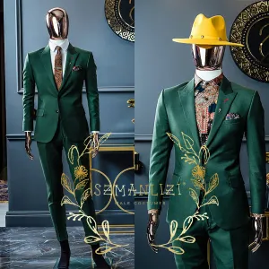 Trajes de moda Fit Slim Gentlemen Suits For Men 2 Piece Green Green Boded Groom Tuxedo Fashion Fashion Fumar Disfraz de chaqueta Pantalones