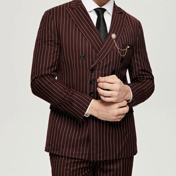 Costumes Mode vin rouge à fines rayures hommes costumes 2 pièces marié affaires Slim Fit bal de mariage smoking Blazer veste + pantalon Banquet d'affaires