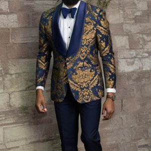 Pakken Floral Jacquard Prom Men Suits For Wedding Slim Fit Navy Blue Formal Groom Tuxedo Custom Made African Male Fashion Costume 2024