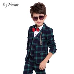 Trajes Flower Boys Trajes escolares formales para bodas Boys Brand Plaid Blazer Chaleco Pantalones 3pcs Tuxedo Kids Prom Party Dress Conjuntos de ropa 230526