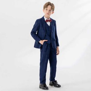 Pakken Flower Boys Performance Kostuum Kinderjas Vestbroek Bowtie 4ps Ceremonie Foto Pak Kinderen Plaid Blue Piano feestjurk