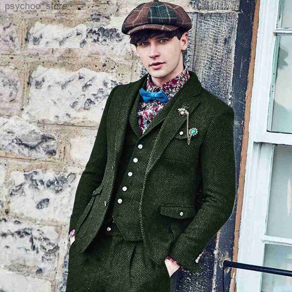 Costumes pour hommes armée vert laine Tweed chevrons affaires 3 pièces Blazer pantalon gilet marié vient costume de mariage Vintage 2022 Q230828