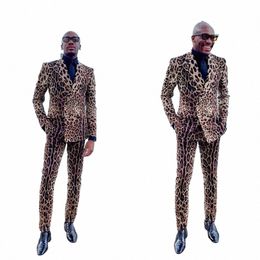 Costumes pour hommes Blazer imprimé léopard Double boutonnage Slim Fit Smoking Veste Tailcoat Knight Costume Homme Dr Up 2 Pièce Tuxedo 60zk #
