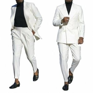 Pakken voor Mannen Slim Fit Fi 2 Delige Set Witte Piek Revers Mannelijke Blazer Busin Bruiloft Bruidegom Casual Tuxedo jas met Broek u6KN #