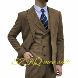 Pakken voor Heren Tweed 3Pic Herringbe Smoking BlazerDouble Breasted VestBroek Bruidegom Formele Retro Werkkleding A2Pn #