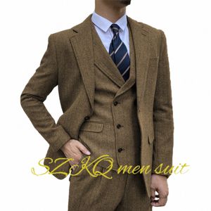 Costumes pour hommes Tweed 3Pic Herringbe Tuxedo BlazerDouble boutonnage VestPants marié formel rétro vêtements de travail A2Pn #