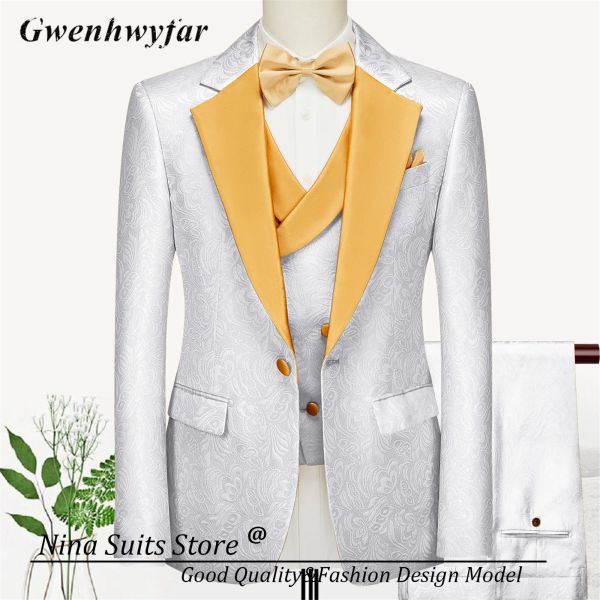 Costumes GN 2023 Tuxedos formels formels du marié Wedding Wear White Blazer Pantcoat With Gold Setle Men Men Part
