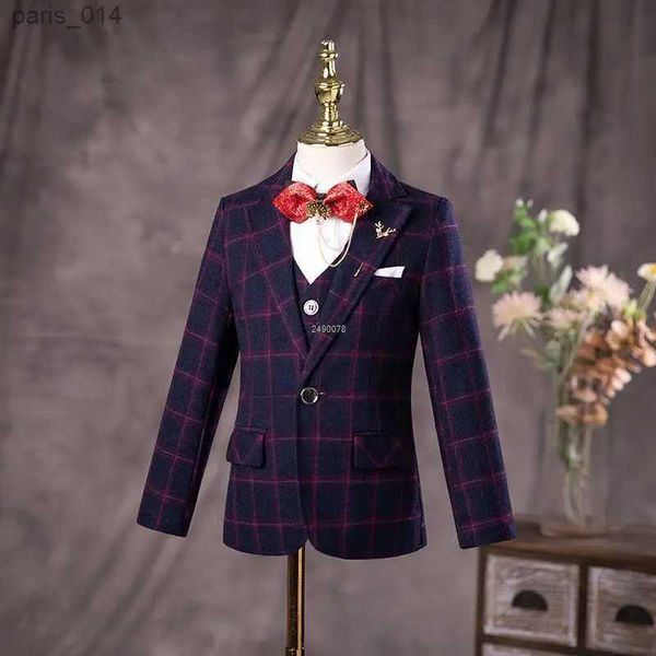 Trajes de caballero para niños, chaleco púrpura Jakcet, pantalones, 3 uds., vestido de fotografía, traje de boda lujoso para niños, disfraz Formal para espectáculo en escenario