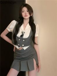 Costumes Gothiscyn Sexy jupe ensemble dames Preppy Style fille chaude nouveau revers à manches courtes chemise gris jupe plissée été deux pièces ensemble femmes