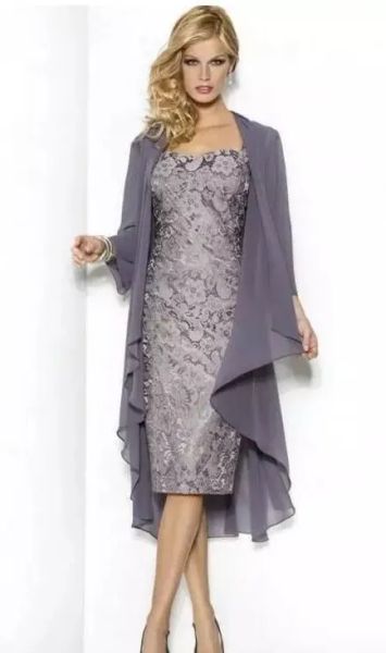 Trajes gris elegante nieve madres de la novia vestidos de la novia vaina longitud de té Madre del novio vestidos con chaquetas para mujeres c.