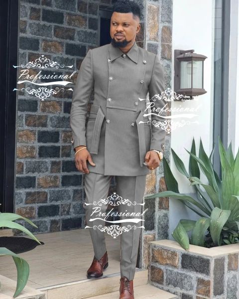 Costumes Gris col haut hommes costumes 2 pièces Palace beaux costumes de mariage coupe mince formel décontracté bal Double boutonnage manteau + pantalon sur mesure