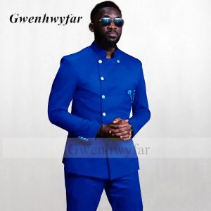 Pakken Gwenhwyfar Afrikaanse stijl mannelijke Royal Blue Tuxedos voor bruidskostuums Gomsmen Best Man Slim Fit dubbele borsten blazer broek