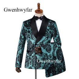 Gwenhwyfar Zwarte Bloem Gedrukt Fluwelen Mannen Pak Slim Fit Bruiloft Pauw Groene Pakken voor Mannen Prom Bruidegom Tuxedo Jas met Broek